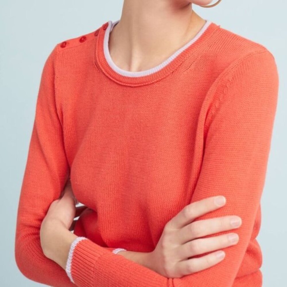 Coral Anthropologie Moth Button Shoulder Crew Neck Long Sleeve Sweater (NWT)
